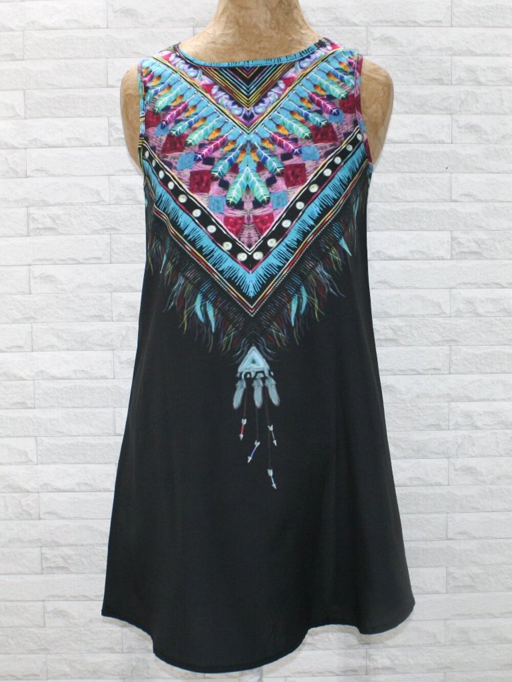 Dress Sleeveless Graphic Feather Print Colorful Shift Summer Lightweight SM